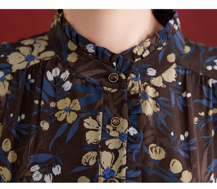 100% Mulberry Silk Long Sleeve Pleated Midi Dress for Women - Printed Slimming Style