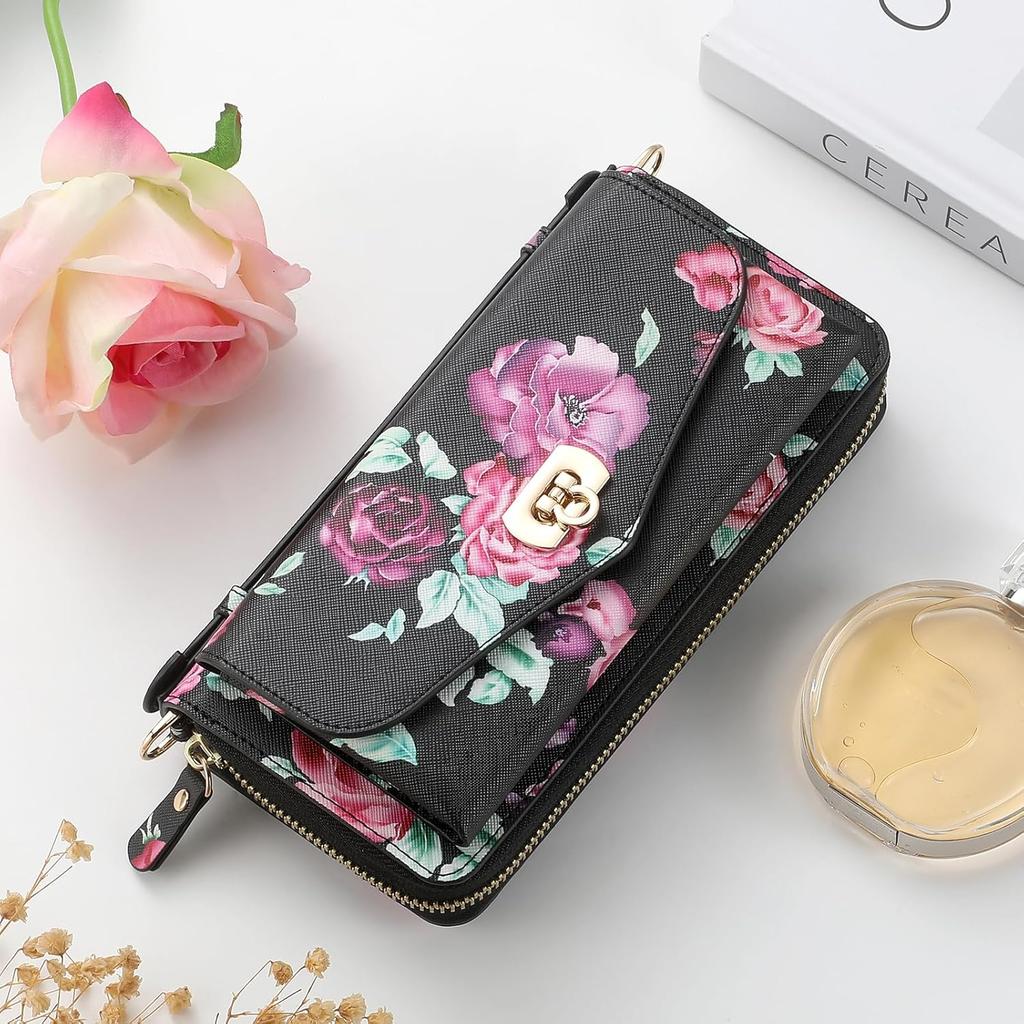 Crossbody Wallet Case for Samsung Galaxy S24 Ultra, Magnetic Detachable PU Leather Flip Phone Case with Card Holder RFID Blocking Wristlet Mirror