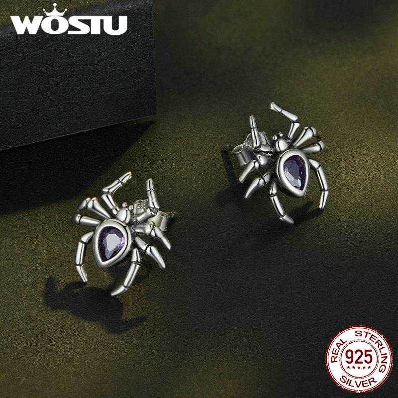 WOSTU 925 Sterling Silver Vintage Spider Stud Earrings Creative teardrop Purple Crystal Insect Ear studs women men Punk Gift New