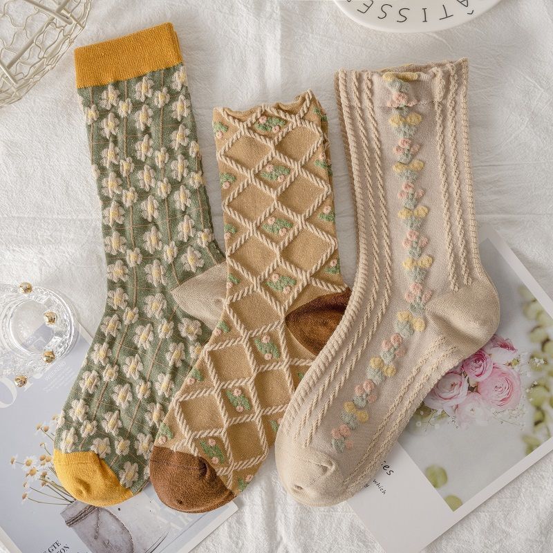 5 Pieces/white Floral Mid-tube Socks Women's Trendy Japanese Powder Fog Color Student Loli Spring Thin Section JK Socks Pink New