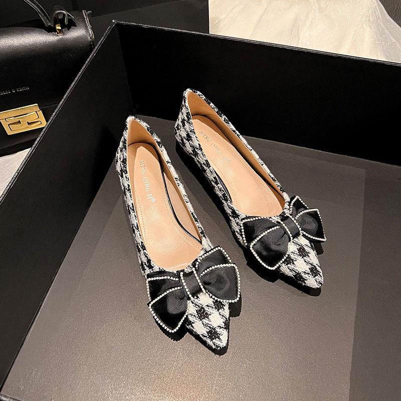 Frauen 3cm High Heels Mode Hahnentritt Pumps Weibliche Elegante Perle Bowknot Schuhe Dame Casual Flachen Außerhalb Prominente Schuhe