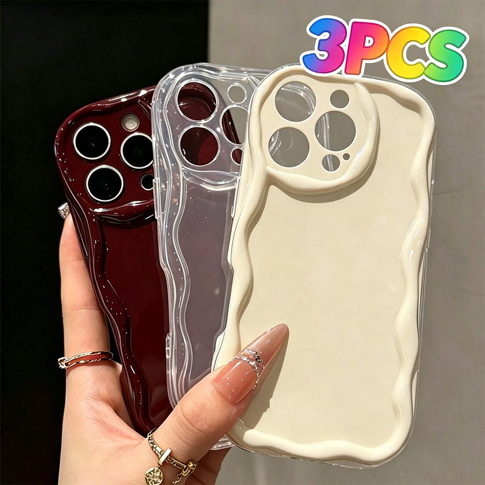 3pcs New Flat Printed Cream Burgundy Clear Wavy Edge Soft Phone Case For 17 16 15 14 13 12 11 Pro Max Plus 16e 17e Cover