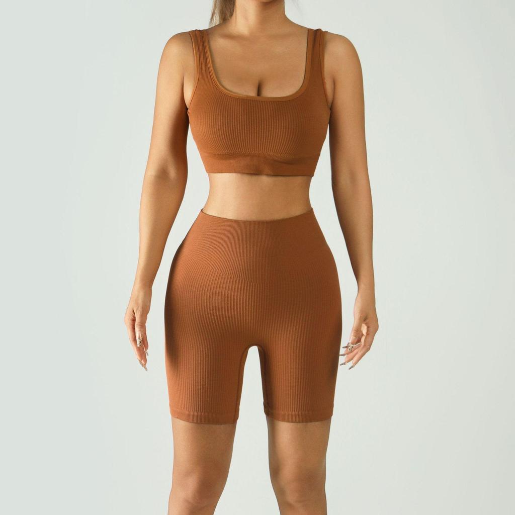 Ribbed Band Sports Bra & High-Waisted Peach Fitness Yoga Shorts Set