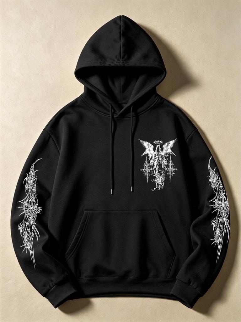 Dark Style Angel Cross Print Hoodie for Men, Double Sleeve ThornPatternDesignDrawstring Hooded Sweatshirt, Streetwear Trendy Versatile Long Sleeve Top