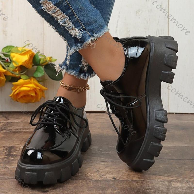 Comemore Thick Bottom British Style Leather Shoes Women 2025 Autumn New Loafers Round Head Lace Up Casual Black Platform Pumps