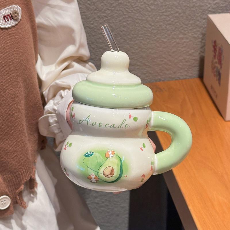 Super cute strawberry straw drinking cup for girls' birthday cup ceramic mug with lid girlfriend souvenir gift