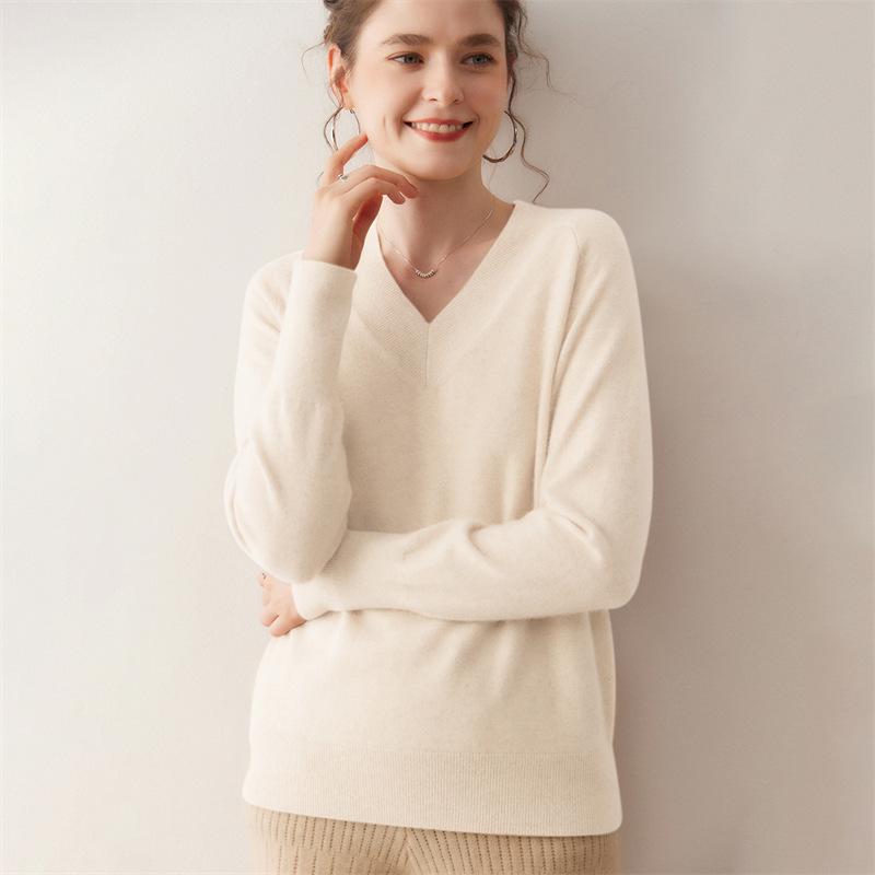 Lekasha Women's Cashmere V-Neck Sweater - Loose, Long-Sleeved Knit for Autumn & Winter