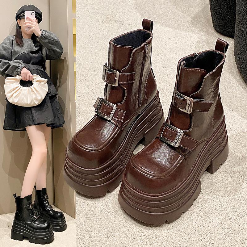 Fashion New Women's Leather Ankle Boots Autumn Winter 10CM Heels Chunky Sneakers Short Boots Woman Zip Motorcycle High Platform Botas