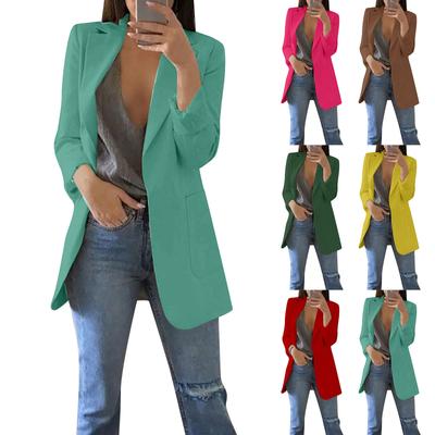 Femmes solides poches avant ouvert Cardigan costume formel à manches longues chemisier manteau