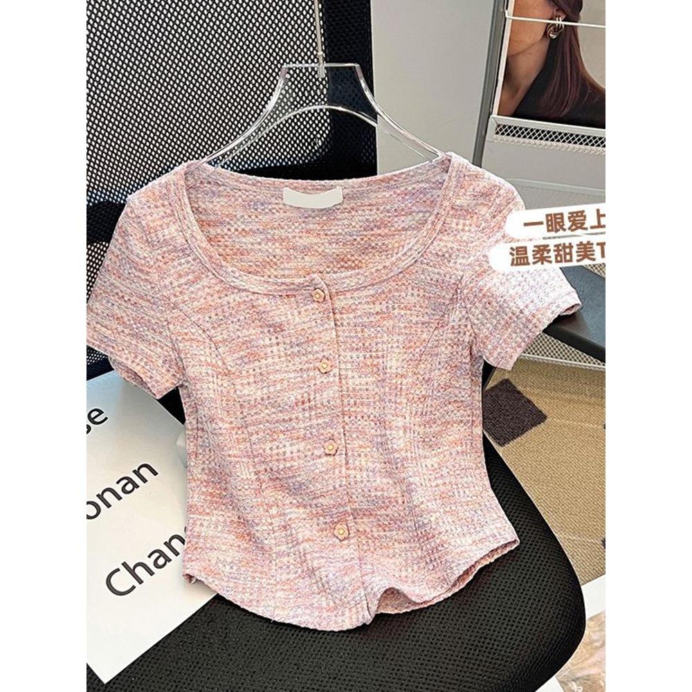 No price reduction #sweet wind niche u-neck short-sleeved t-shirt women's summer new pure desire spice girl slim versatile