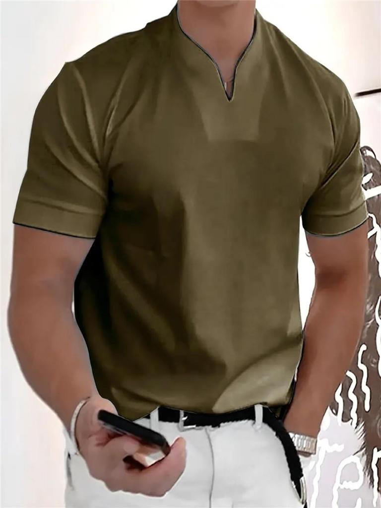 2025 Men's V-Neck Muscle Fit Sports T-Shirt - Elastic Short Sleeve Solid Color