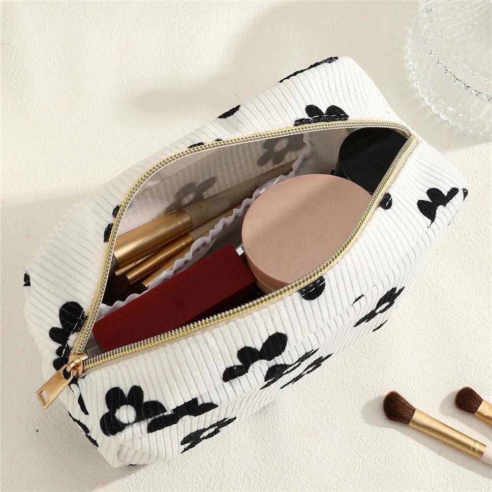 Trendy Large Capacity Corduroy Makeup Bag Travel Printed Toiletry Organizer Bag Makeup Brush Skincare Storage Bag for Women