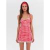 For Love Sweet Oxygen Strawberry French Style Retro Plaid Sexy Lace Cross Sling Vacation Dress