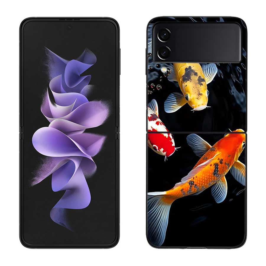 High End Ornamental Fish and Koi Carp Phone Case For Samsung Z Flip 7 6 5G Galaxy Z Flip 5 4 3 Black Hard Cell Cover Luxury PC