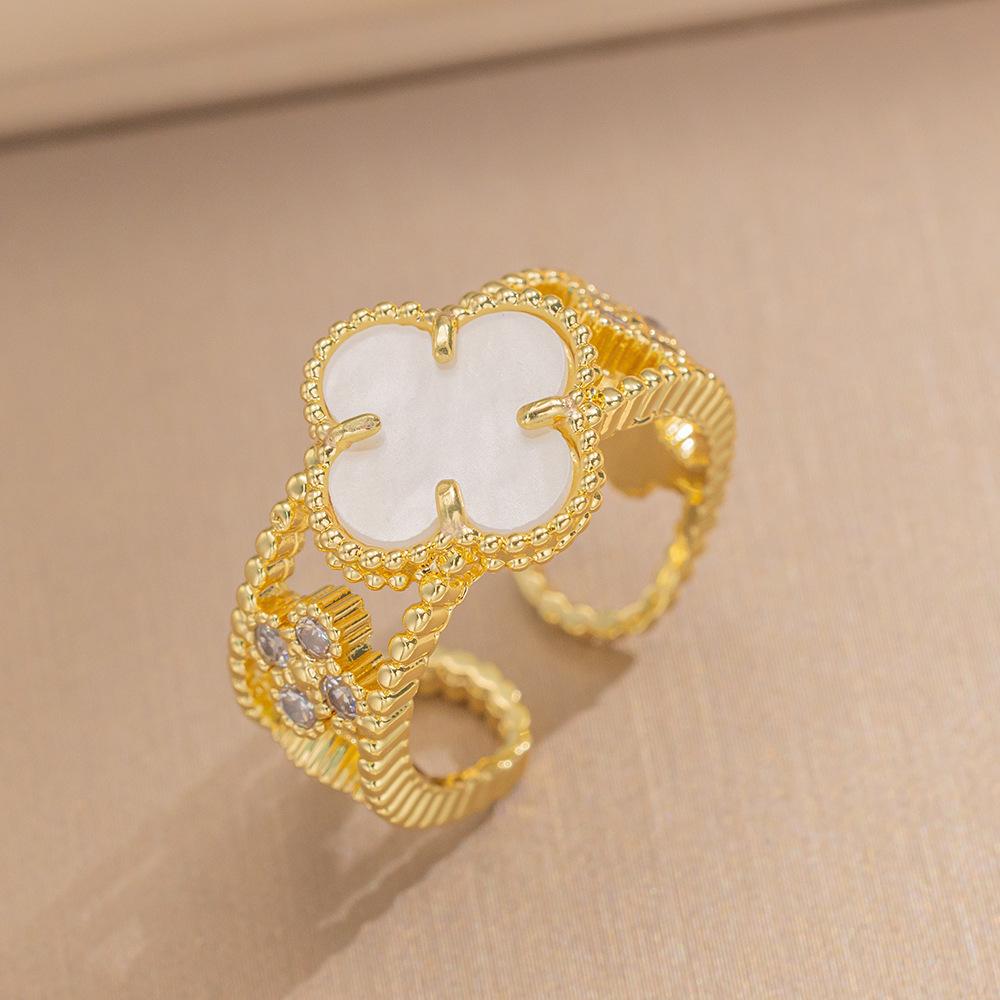 Fashion Ring Senior Sense of Light Luxury Four-leaf Clover Zirconia Ring Female Retro Opening Adjustable Ring