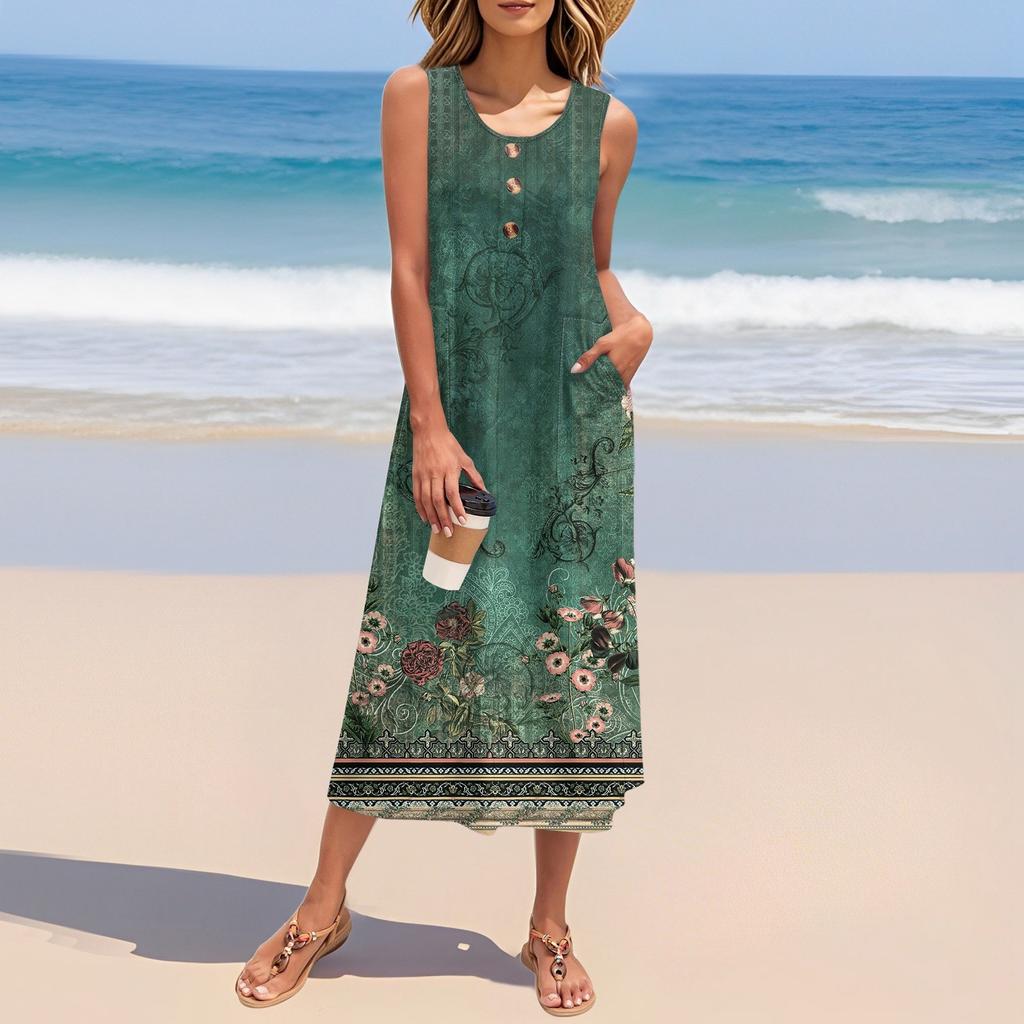Women's Summer Floral Print Dress Sleeveless Button Down Casual Loose Long Beach Sundress