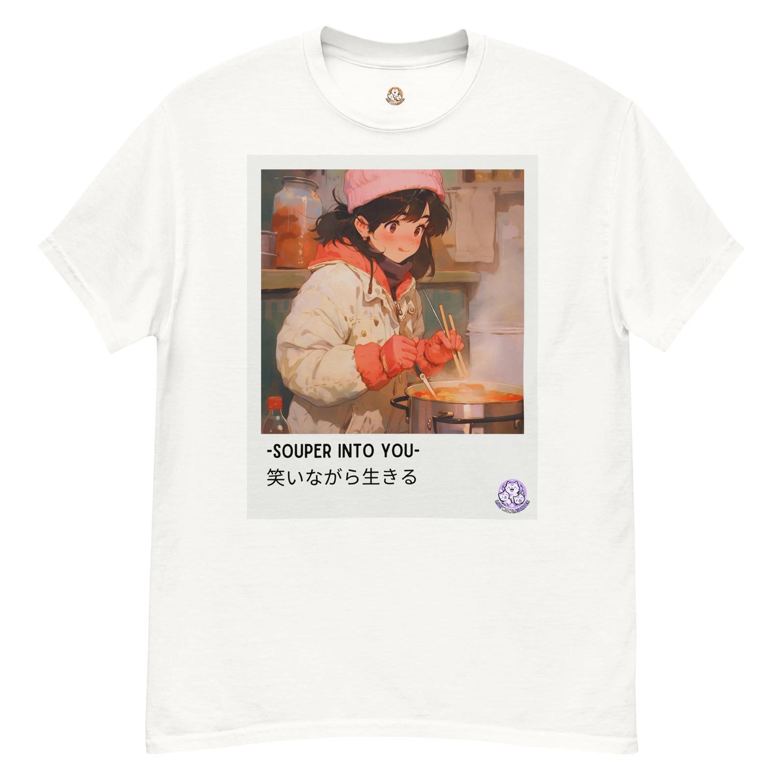 Live With Laughter Novelty Graphic Anime T-Shirt - Souper Into You (White) 2XL