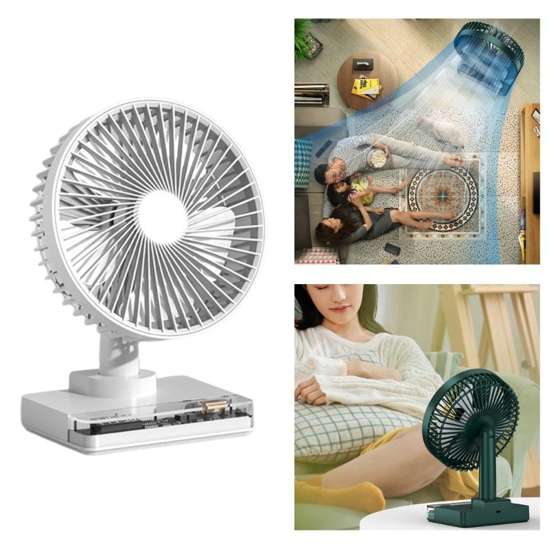 Desktop Clock Fan 90 Egree Shaking Head Height Wind Speed Adjustable 3600mAh Type-C Chargeable Light Portable Fan