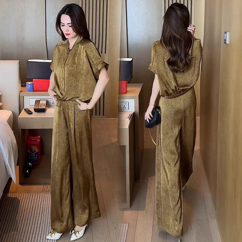 

Літній вільний комплект, що приховує живіт, 2025: Сорочка з коротким рукавом та штани широкого крою XL (115-130 jin)