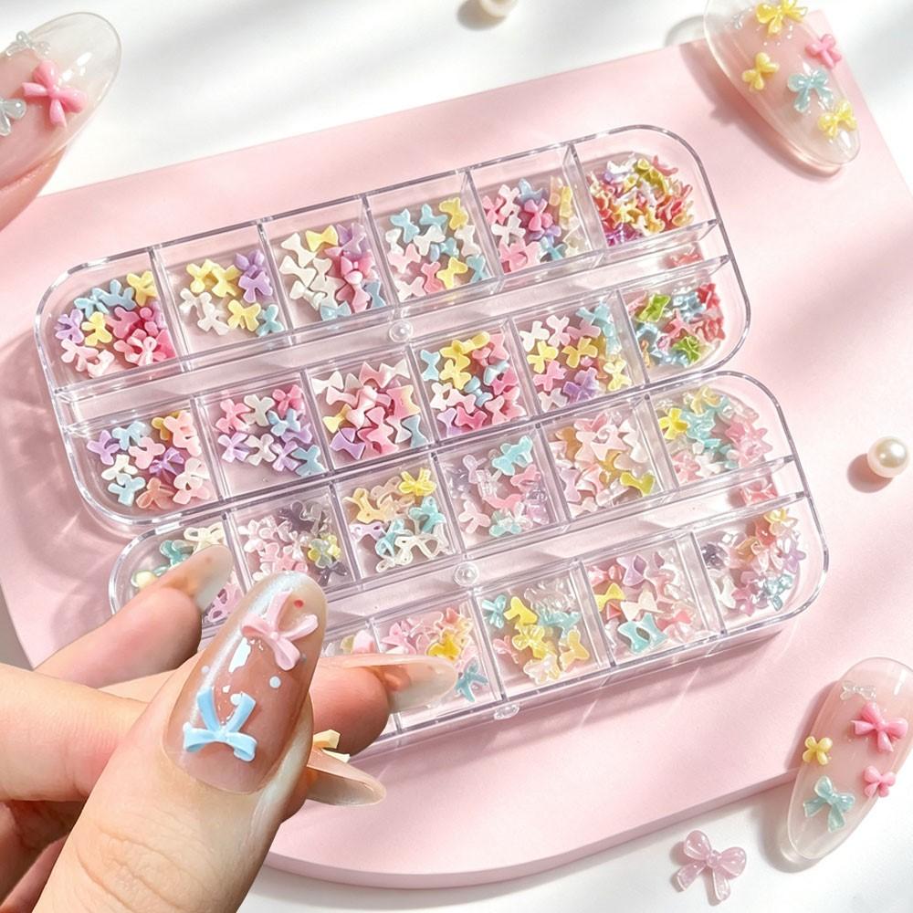 12grid Sweet Candy Bow Nail Charms 3D Colorful Ice Clear Mini Bowknot Nail Gems Resin Flatback Macaron Bowtie Acrylic Nail Decor