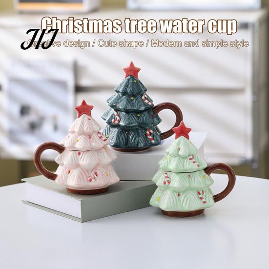 Christmas Tree Coffee Mug with Star Lid, 340ml Festive Holiday Cup for Hot Themed Beverage Drinkware Cocoa And Milk, Retro Curved Handle Microwave