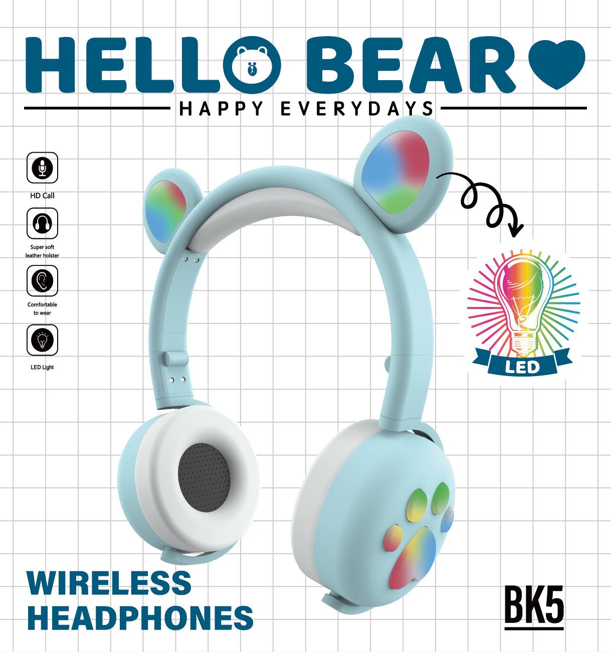 

2025 BK5 Bluetooth Over-Ear Headset: Long Battery, Bear Ear & Paw LED in Three Colors