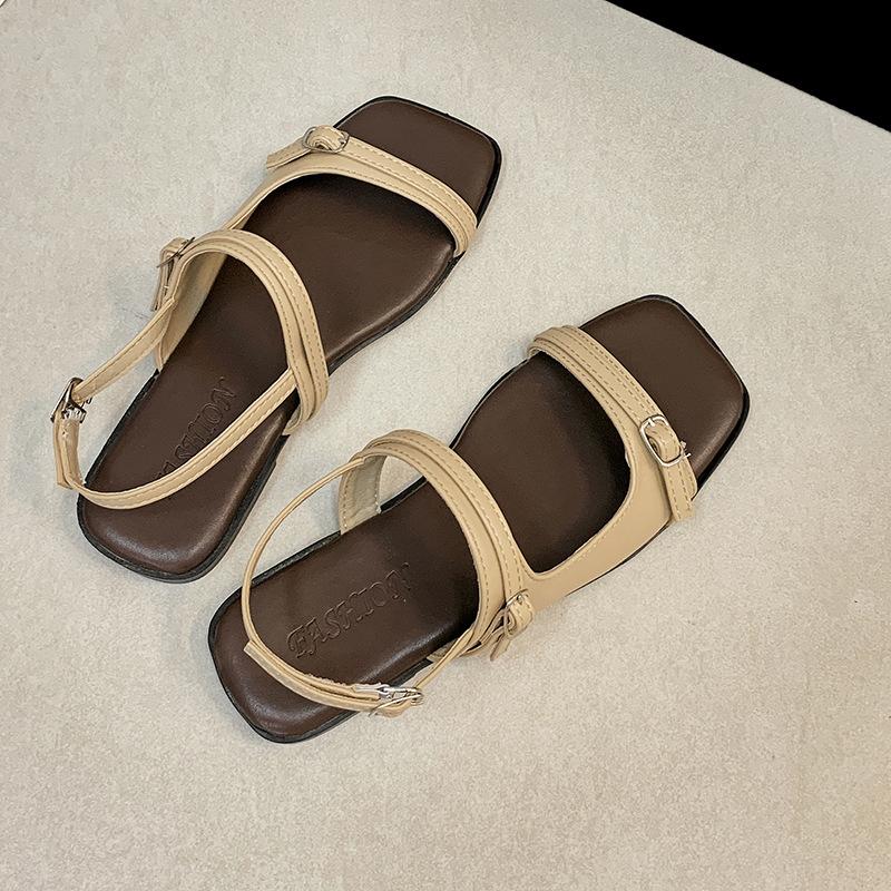 

Flat-soled sandals women wear new French beautiful fairy style with skirt travel seaside Roman shoes in summer 40 хаки