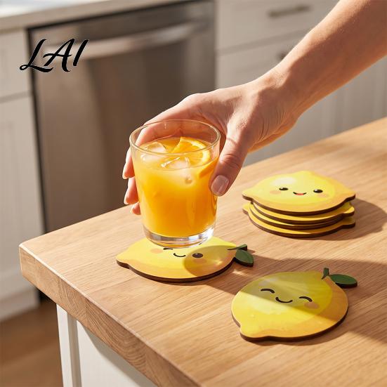 Decorative Kitchen Table Accessories 4PCS Cute Coasters Non-slip Wooden Lemon Shape Heat Insulation Pads Natural Wood Grain Coasters Tableware