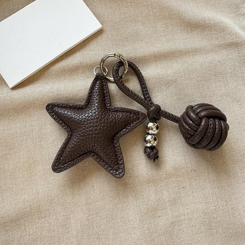 Leather Star Keychain Pentagram Car Keyring with Woven Leather Rope Ball Pendant Creative Bag Pendant Decoration for Women