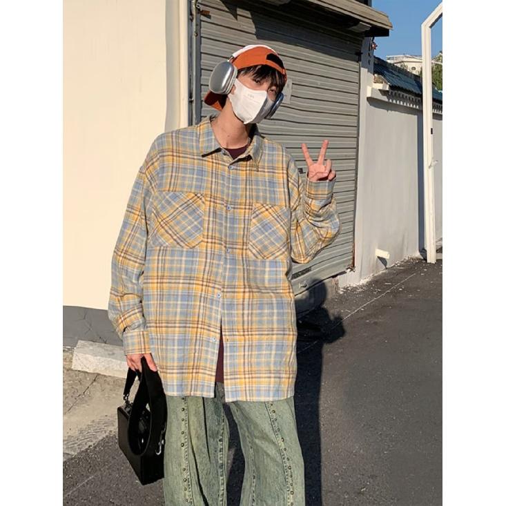 2024 Plaid Long Sleeve Shirt Japanese Hong Kong Style Ins Loose Shirt Boys Summer Trendy Versatile Casual Coat