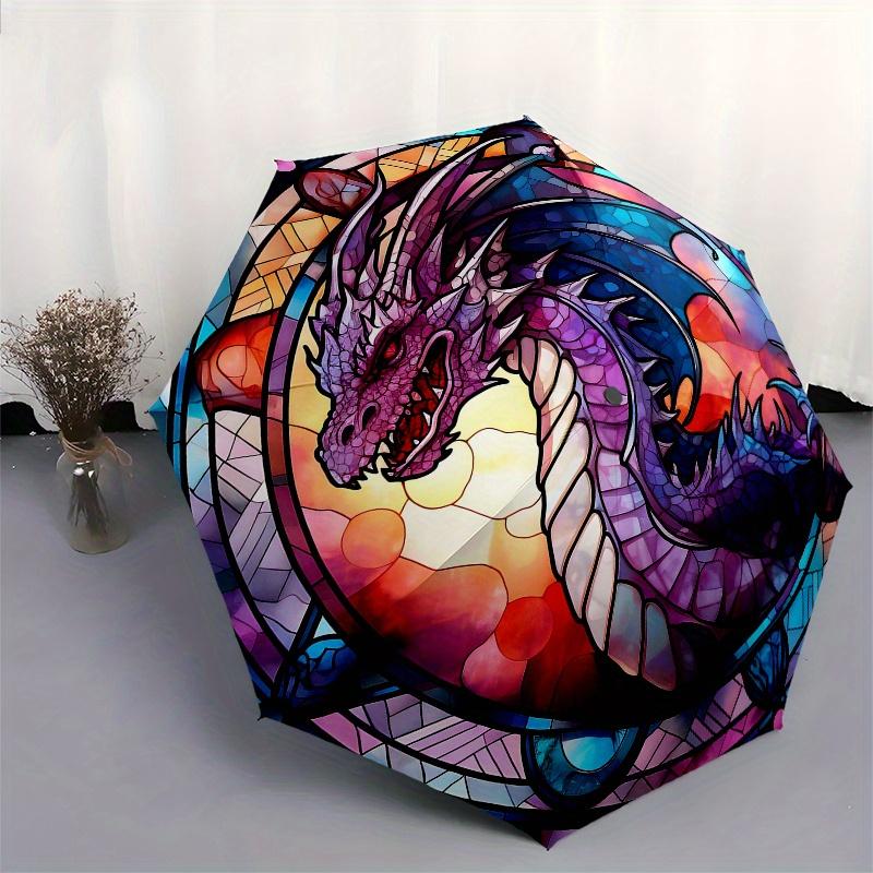Stained Dragon Window Panel - Vibrant Fantasy DesignUmbrella, Portable 3-Fold Compact Umbrella,Christmas Gift ES511