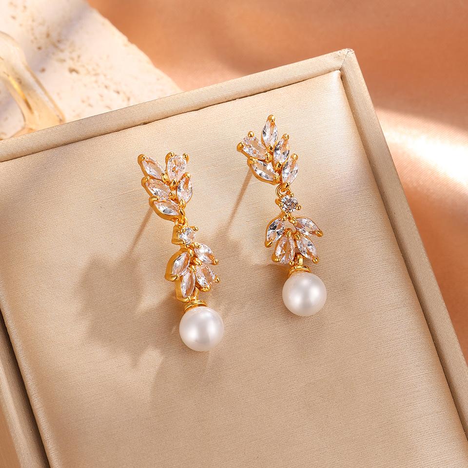 ZAKOL Luxury Leaf Cubic Zirconia Imitation Zircon Dangle Earring for Women Elegant Wedding Engagement Party Zircon