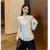 Bow hem lace splicing long-sleeved t-shirt women's spring and autumn French sense pure desire style slim-fitting bottoming top