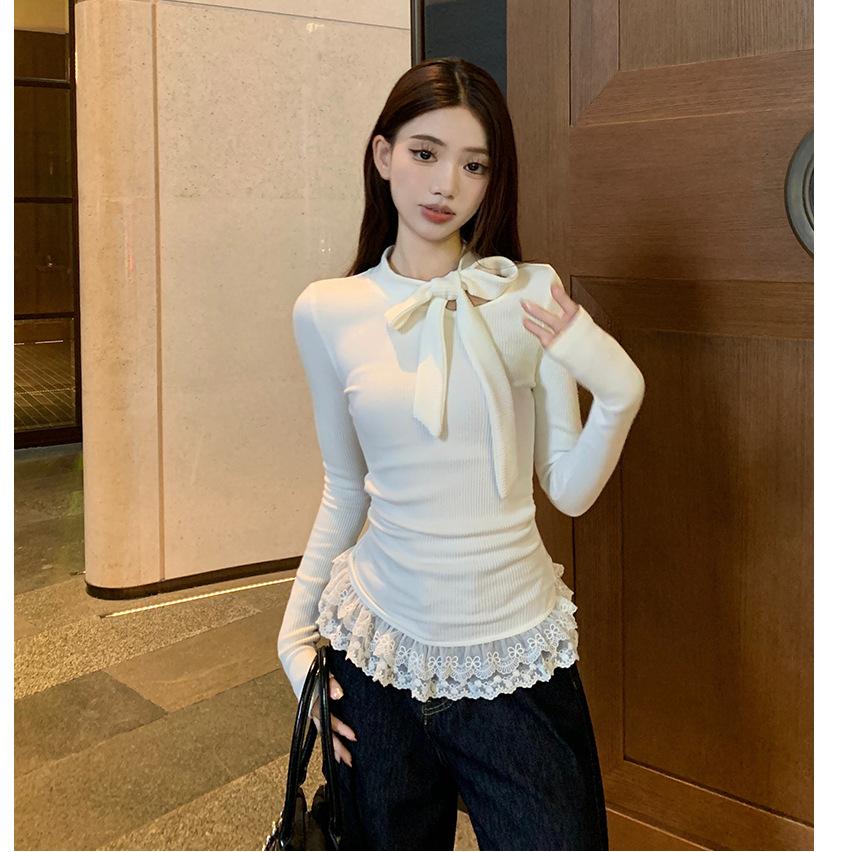 Bow hem lace splicing long-sleeved t-shirt women's spring and autumn French sense pure desire style slim-fitting bottoming top