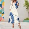 Women Plus Size V Neck Long Sleeve White Blue Printed A Line Midi Dress With Pockets