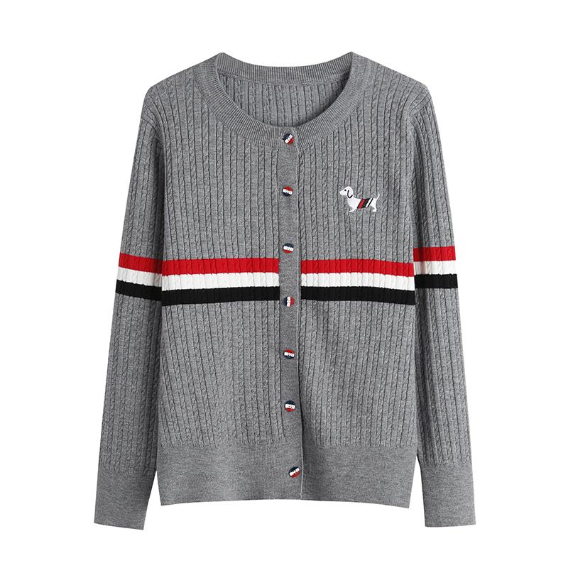 

Осень-зима вышитая собака вязаный полосатый свитер пальто куртка женская мода однобортный длинный рукав джемпер One Size