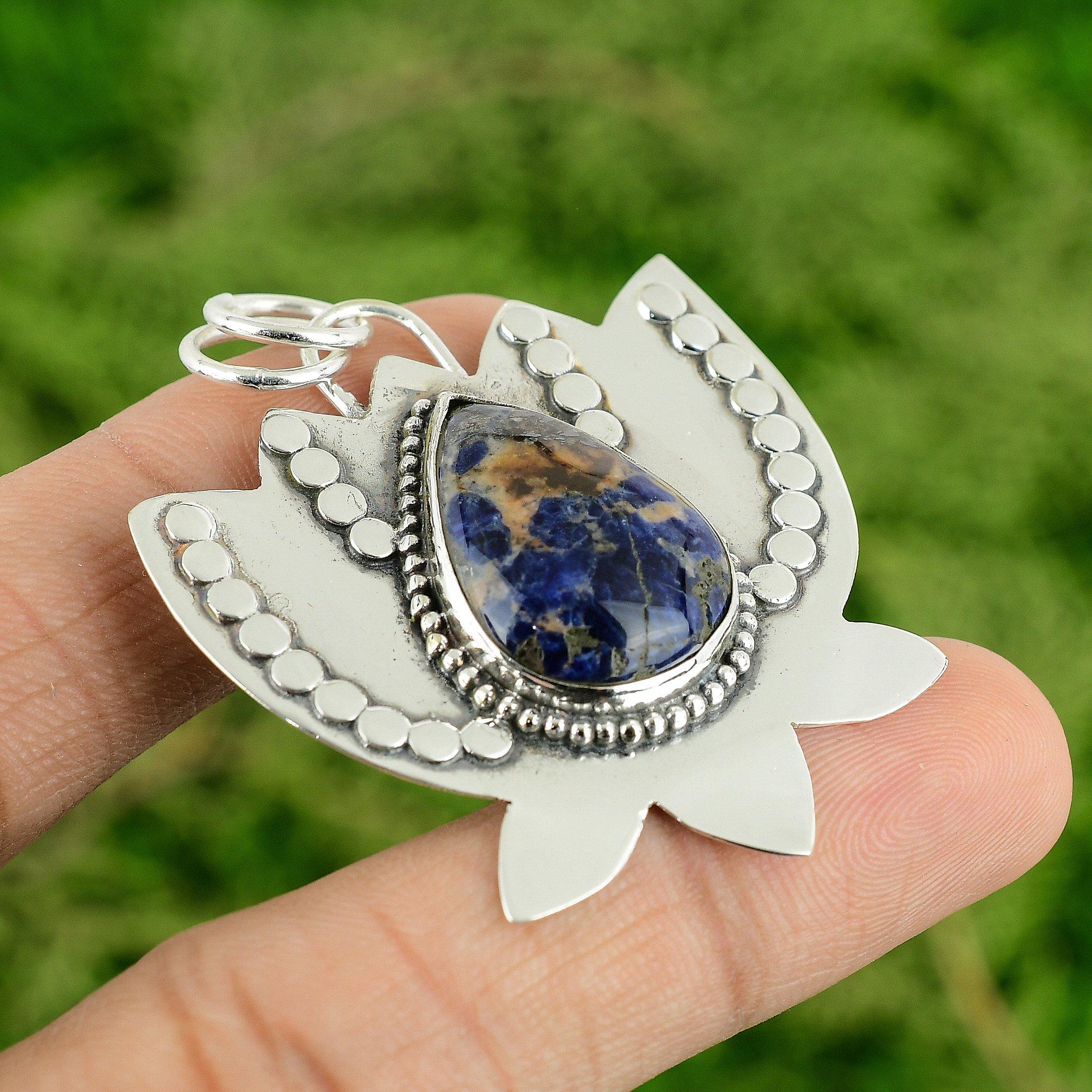 

925 Sterling Silver Sodalite Stone Lotus Third Eye Chakra Bezel Pendant Jewelry