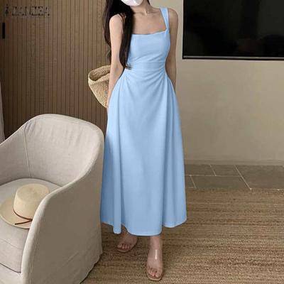 Women Casual Square Collar Summer Sleeveless Dress