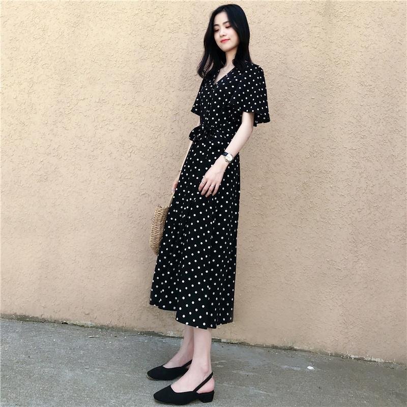 Polka Dot Dresses for Women New Summer Korean Style Temperament Waist-hugging Slim Chiffon Dress