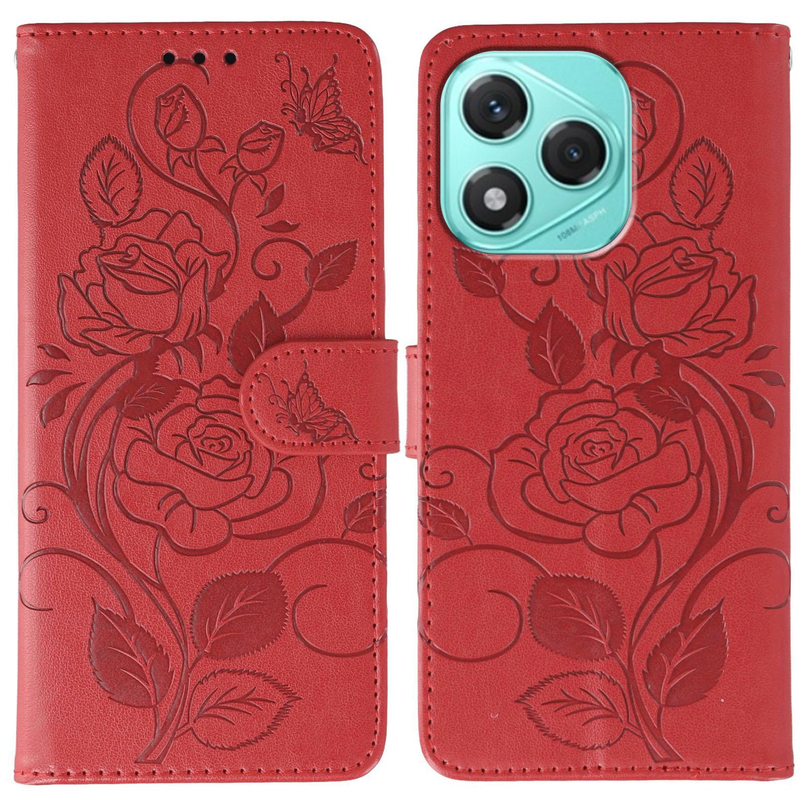 

For Honor 400 Lite Case Wallet Stand Imprinted Rose Butterfly PU Leather Phone Cover Red