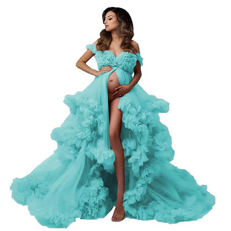 Off-Shoulder High Waist Maternity Gown with Front Slit and Puffy Tulle Skirt