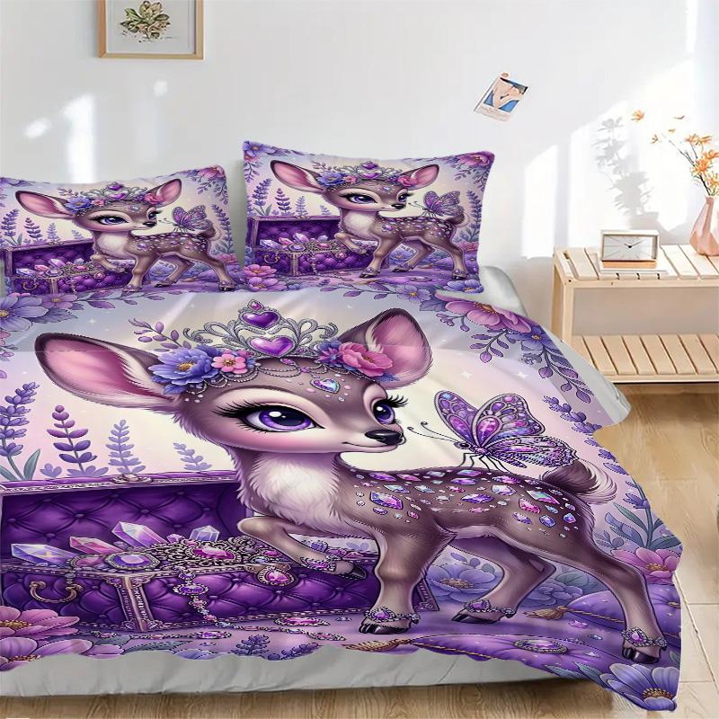 Fantasy Deer Lavender Garden Print 3Pcs Bedding Setduvet Cover With 2 Bedropillowcase Home Birthday Gift