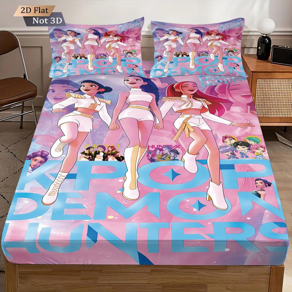 3pcsK-Pop Demon Hunters Printed Coreless Fitted Sheet Set Multi Size Soft Bed Cover Bedroom Bedding Decoration Machine Washable