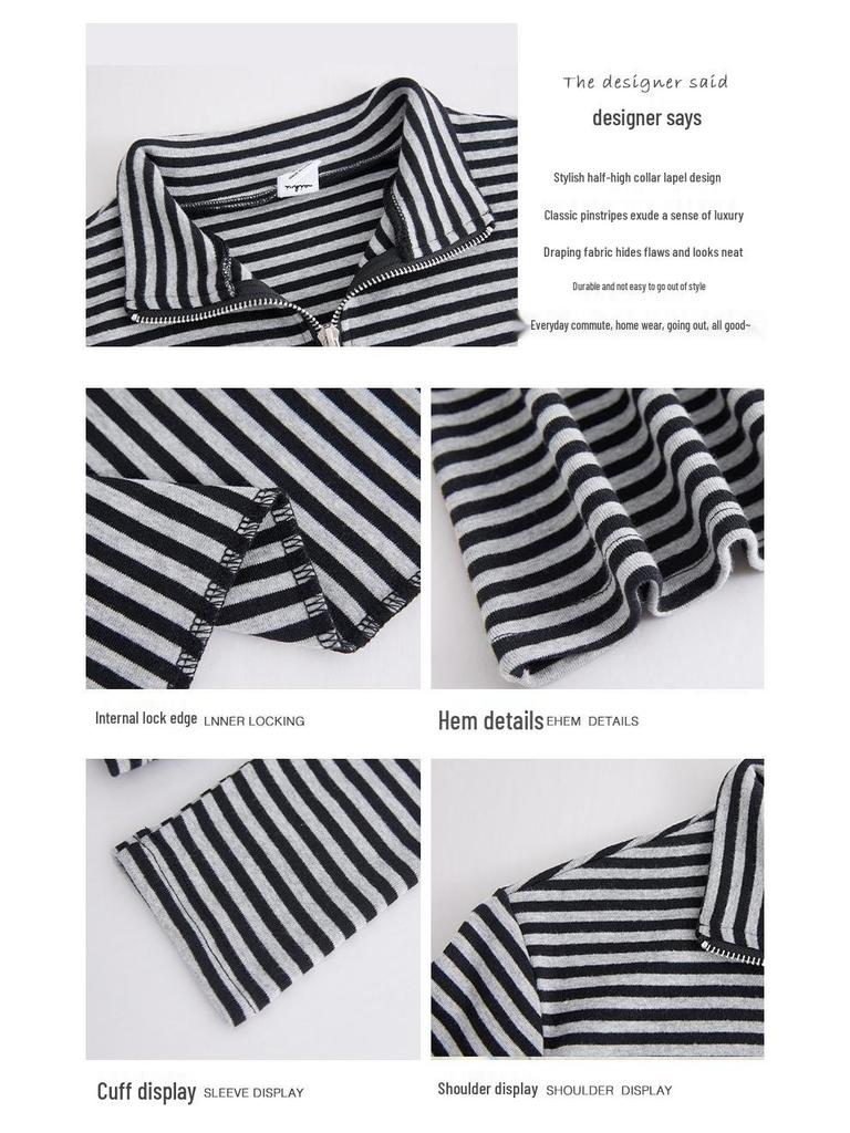 Women's Striped Pure Cotton Long Sleeve T-Shirt, Autumn/Winter 2025, Fashionable Slimming Base Layer with Zippered Stand Collar