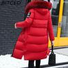 BITCED Autumn/Winter Women's Long-Length Cotton Coat with Hood and Large Fur Collar Down-Filled Cotton-Blend Padded Jacket