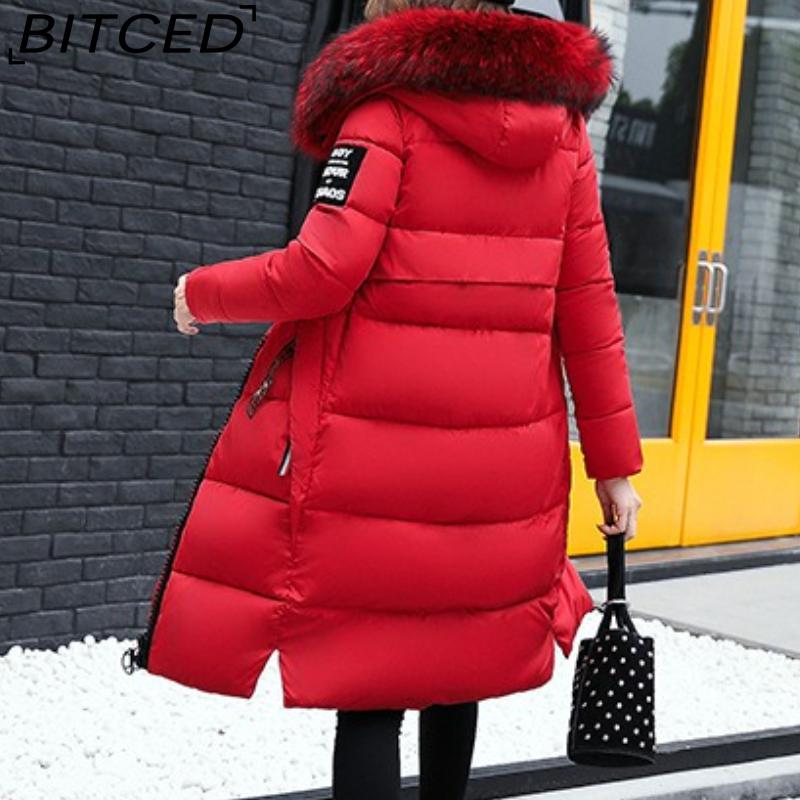 BITCED Autumn/Winter Women's Long-Length Cotton Coat with Hood and Large Fur Collar Down-Filled Cotton-Blend Padded Jacket