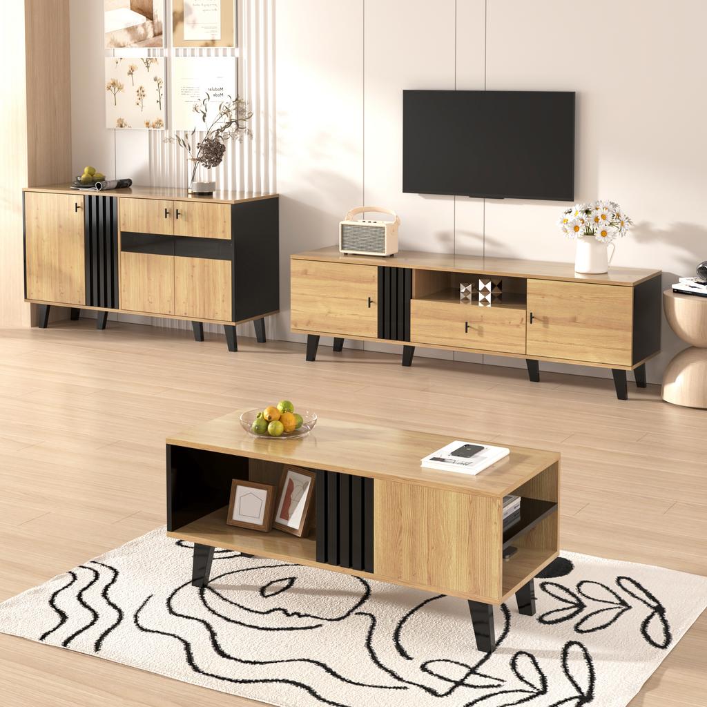 Side Cabinets, Sideboard, Display Cabinets with Glass and LED Lighting. Black and Wood Colors, Black Wood Strip Design [OLD SKU:WF313229230SAA]