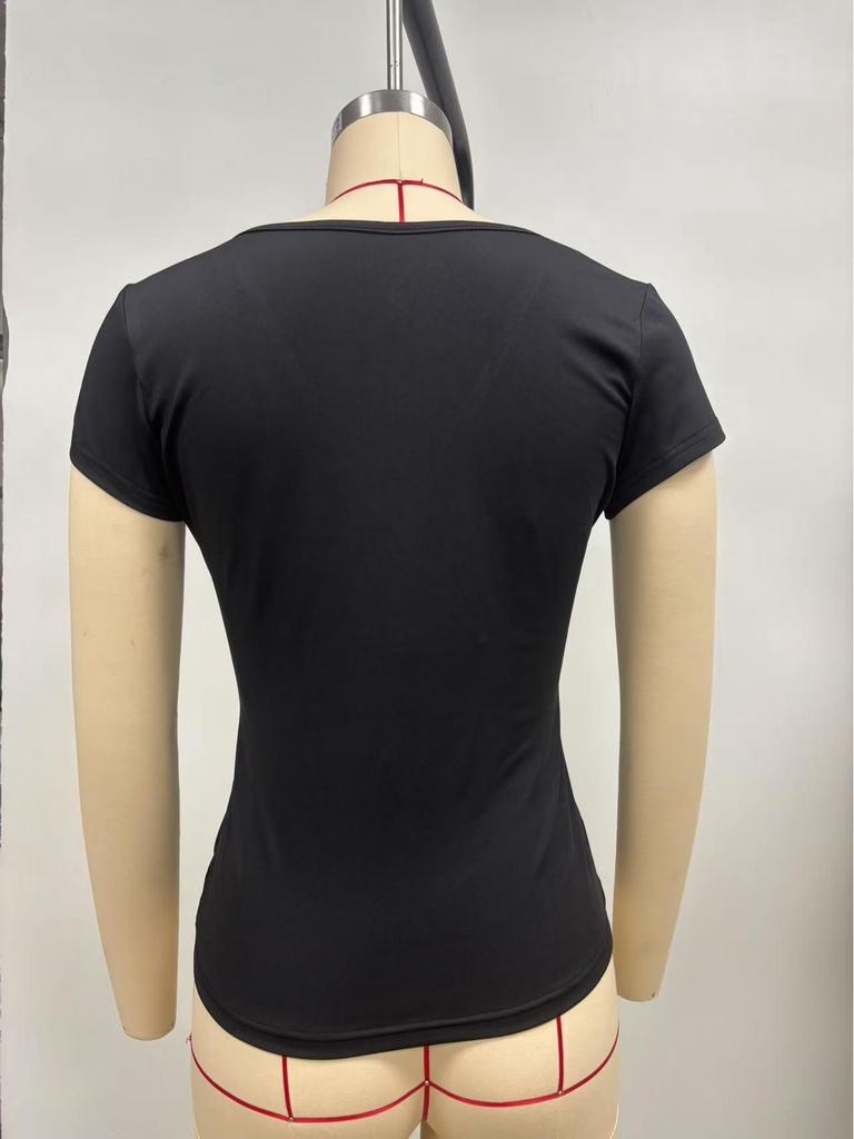 2025 Spring/Summer Women's Solid Color V-neck Slim-fit T-shirt, Short-sleeved European & American Style