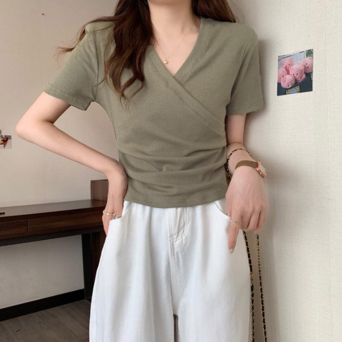 2025 Dámské zeštíhlující tričko s V-výstřihem a krátkým rukávem přes ramena - Sladký a pikantní letní styl