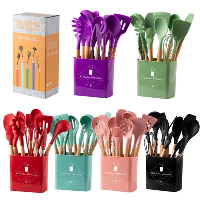 Hoge Kwaliteit Siliconen Kookgerei Set Houten Handvat Spatel Soeplepel Borstel Pollepel Pasta Vergiet Non-stick Kookgerei Keuken gereedschap